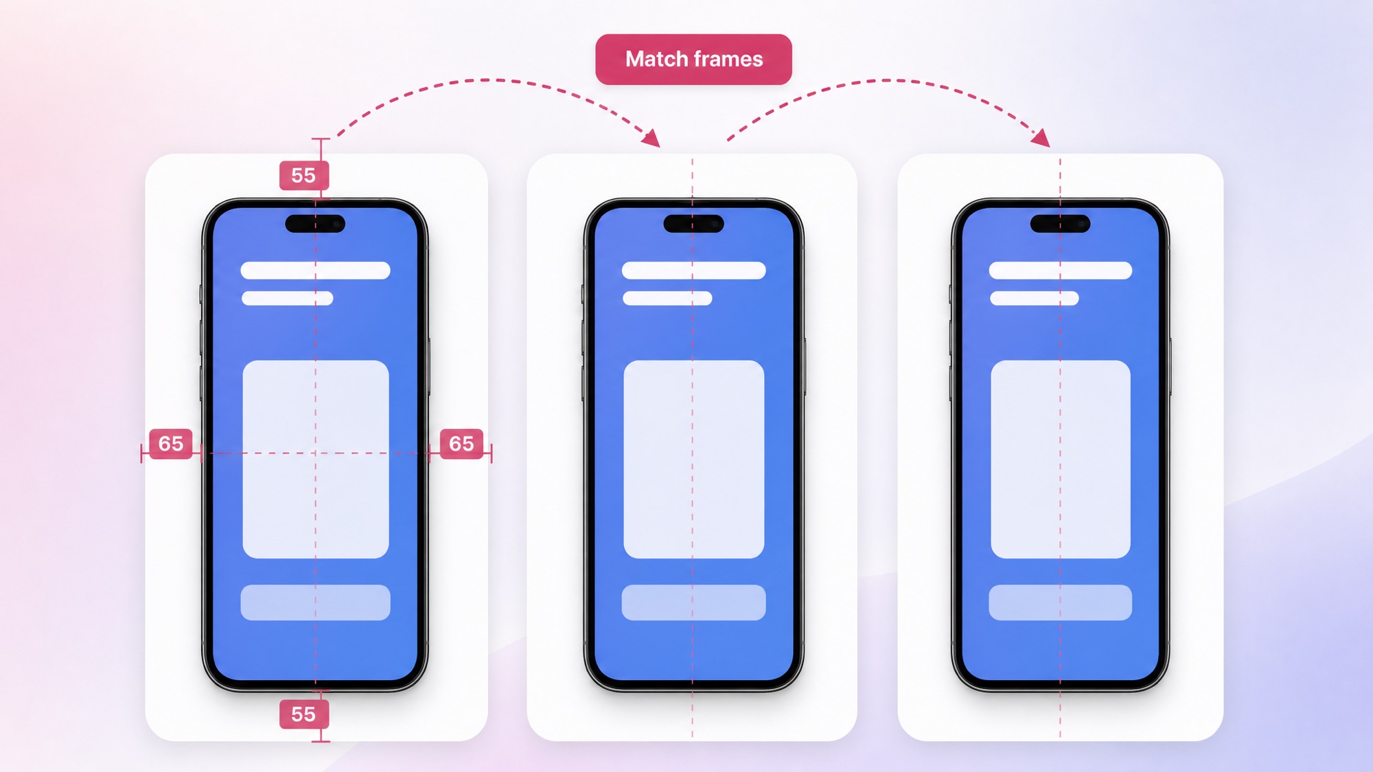 Three app store screenshot frames in a row with iPhones aligned identically, pink margin guides reading 65 and 55 pixels on the first frame, and Match frames arrows copying it to the others