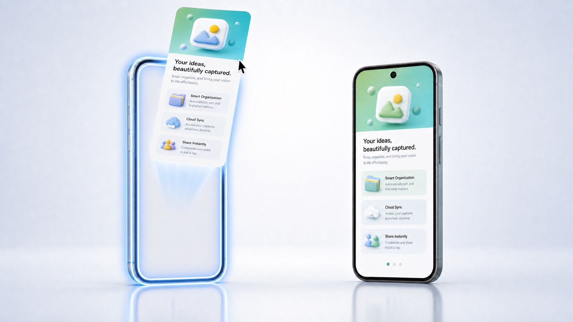 An empty iPhone frame on the left receiving an app screenshot dragged onto it by a cursor, next to a Google Pixel on the right showing the finished app store screenshot, on a soft studio background