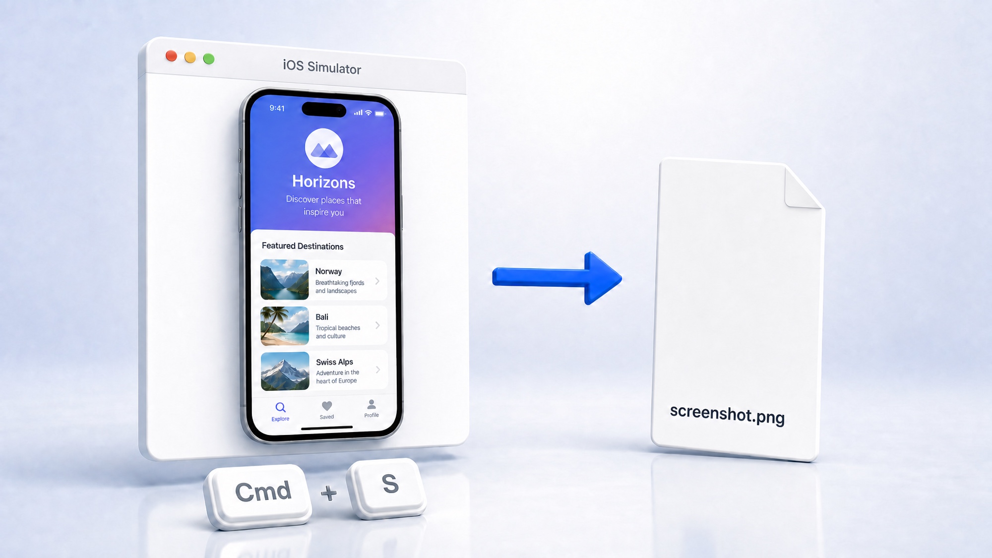 The iOS Simulator window with an iPhone, the Cmd plus S shortcut, and an arrow to a saved screenshot.png file