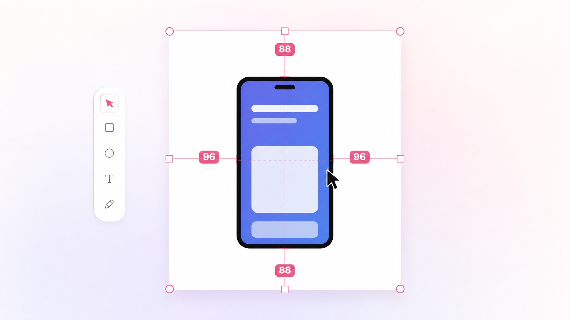 A device dragged inside a frame with pink Smart guides showing equal 96 pixel left and right margins and equal 88 pixel top and bottom margins