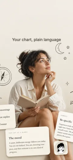 AI generated app store screenshot backdrop with a woman reading a book, astrology line art, and daily reading cards