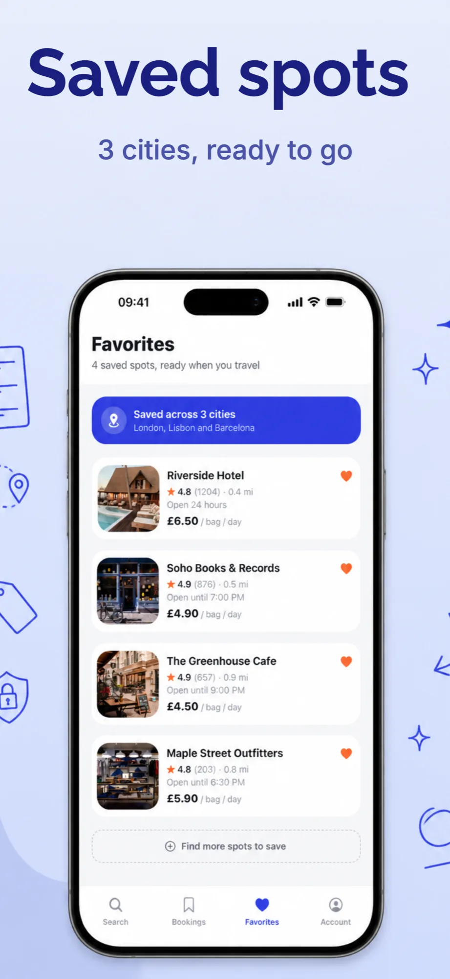 App store screenshot example with the headline Saved spots for a luggage storage app