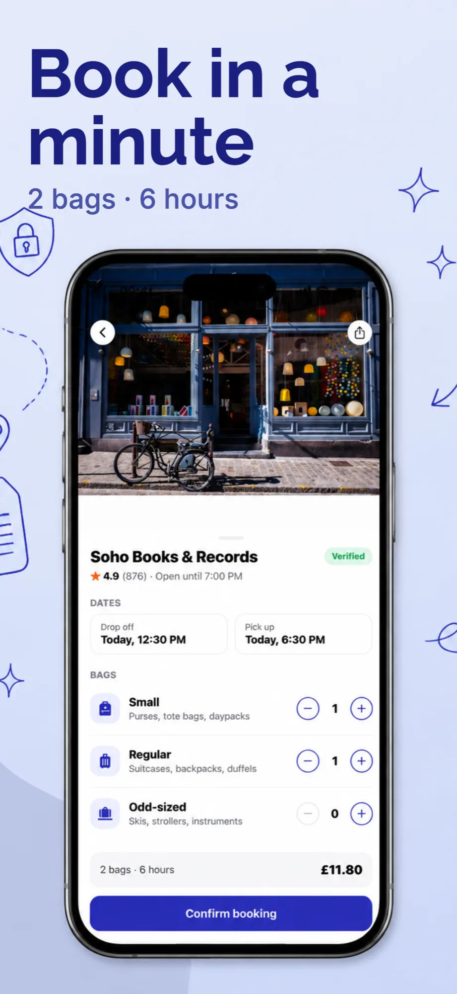 App store screenshot example with the headline Book in a minute for a luggage storage app