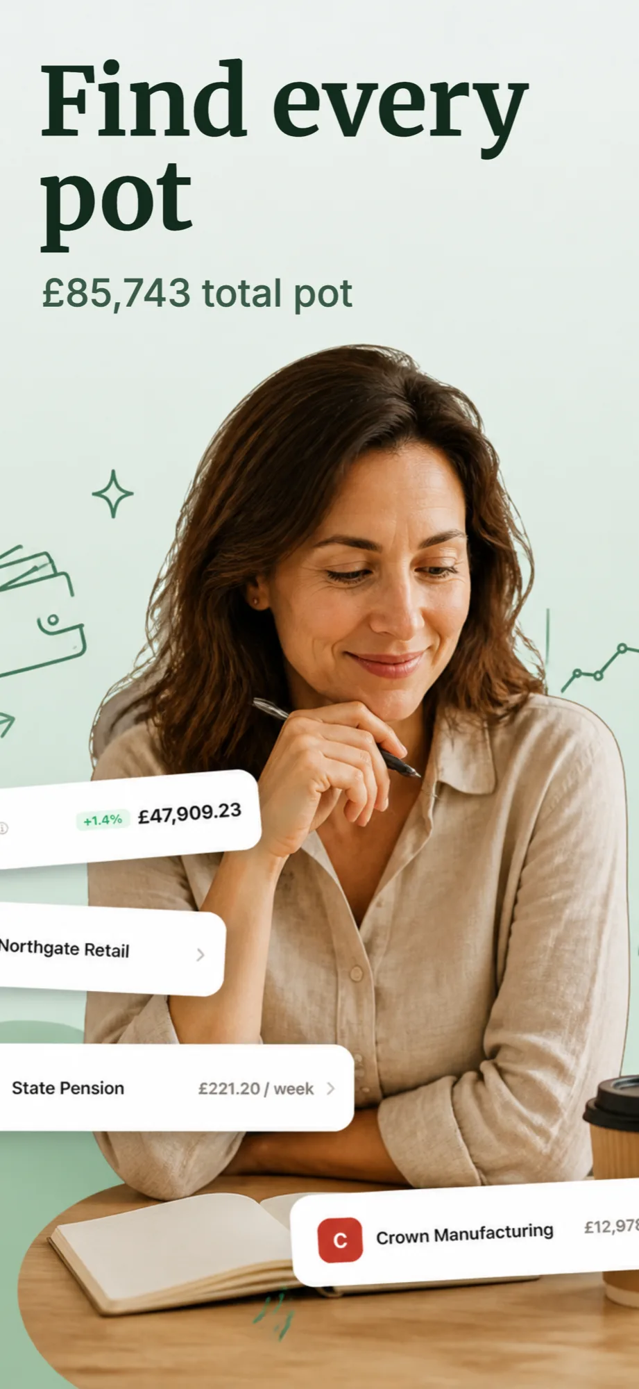 App store screenshot example with the headline Find every pot for a pension tracking app