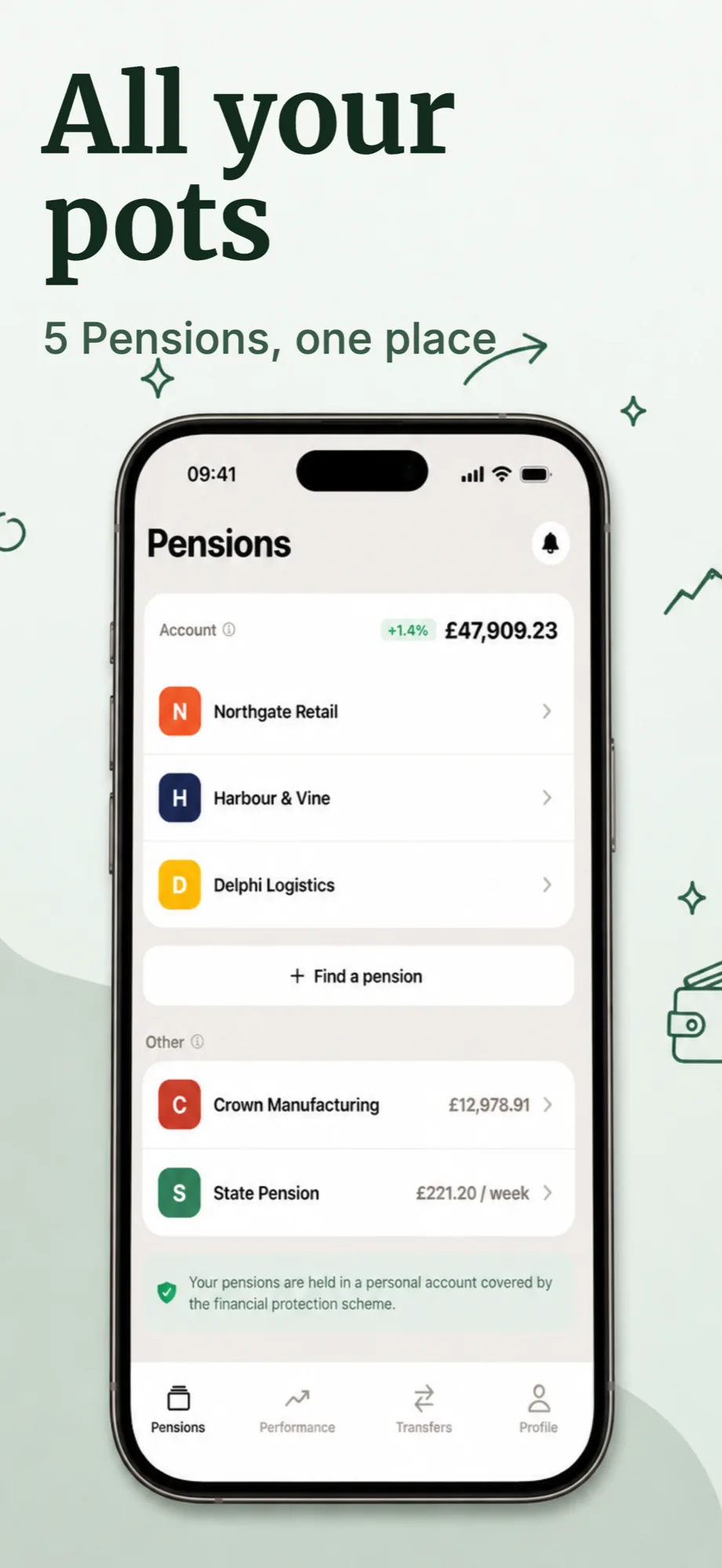 App store screenshot example with the headline All your pots for a pension tracking app