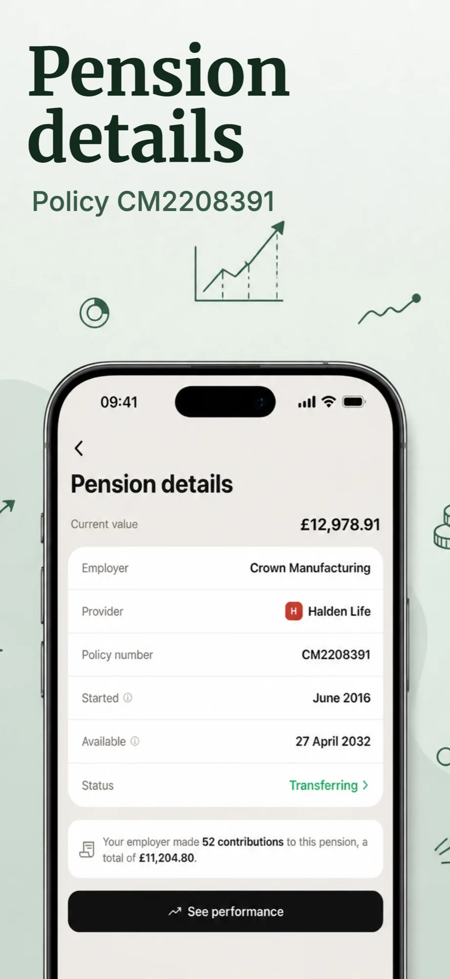 App store screenshot example with the headline Pension details for a pension tracking app