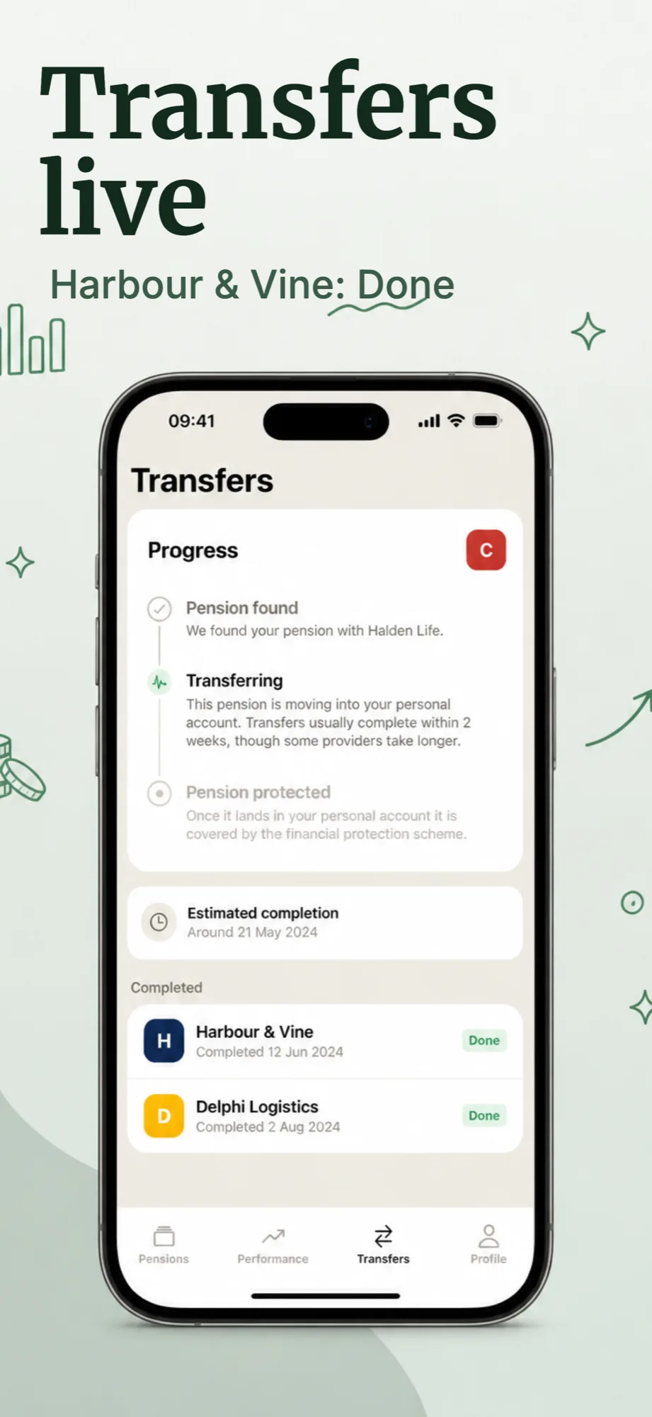 App store screenshot example with the headline Transfers live for a pension tracking app