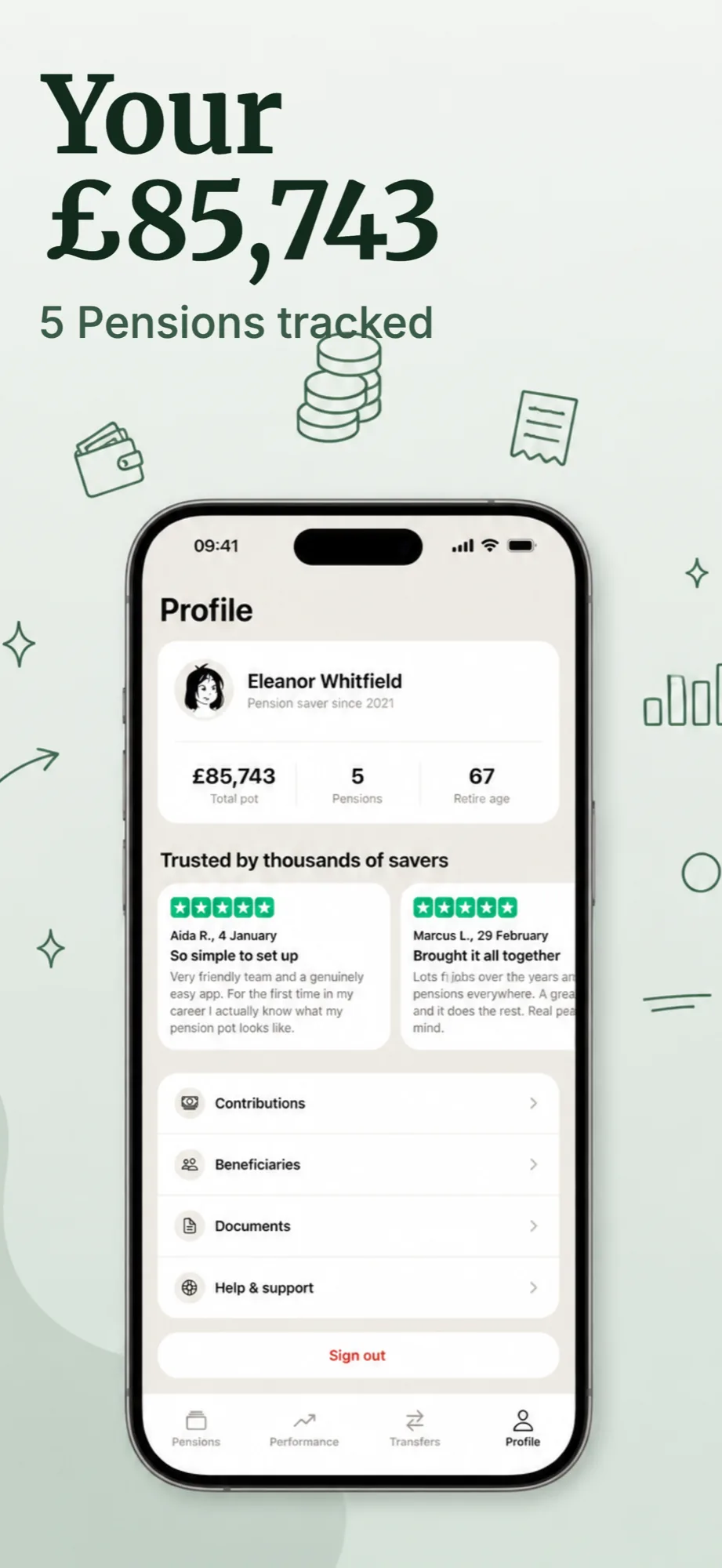 App store screenshot example with the headline Your 85,743 pounds for a pension tracking app
