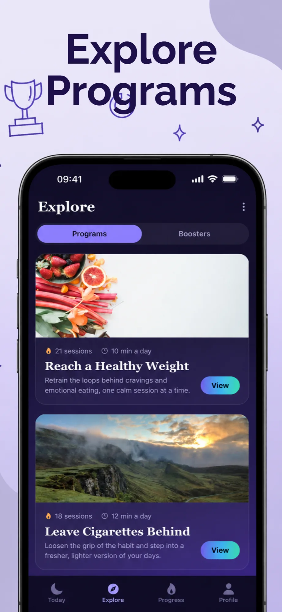 App store screenshot example with the headline Explore Programs for a habit and mindfulness app
