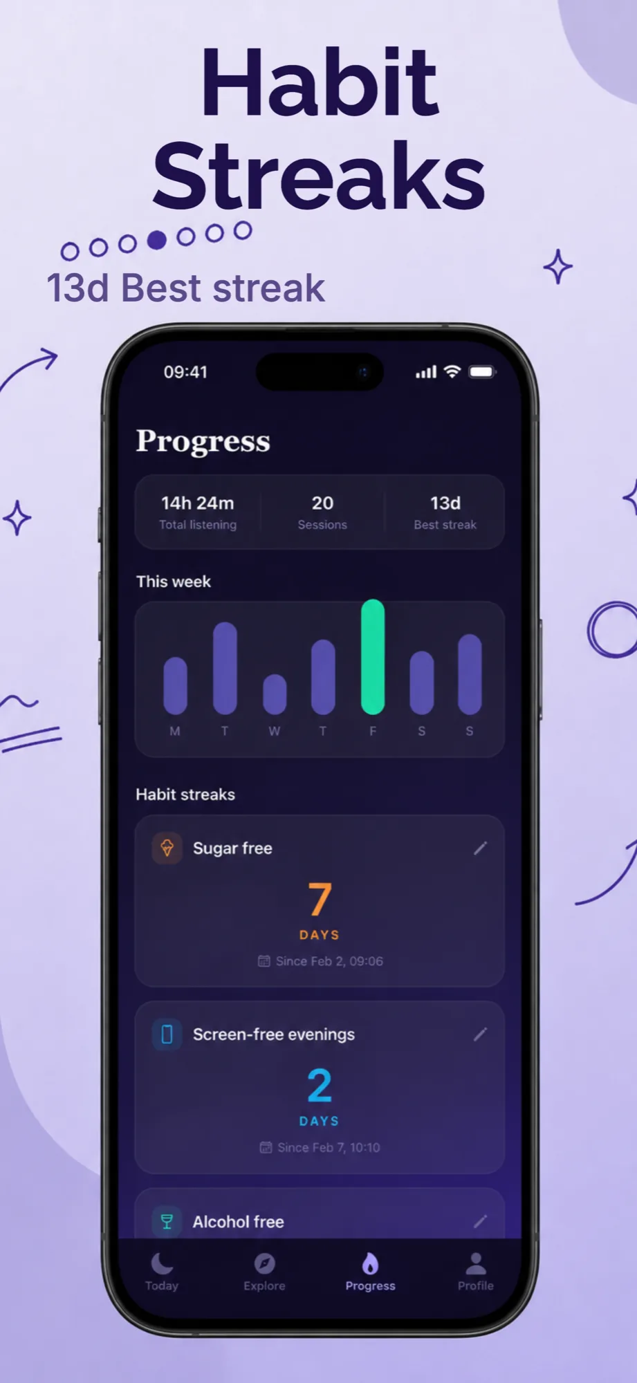 App store screenshot example with the headline Habit Streaks for a habit and mindfulness app