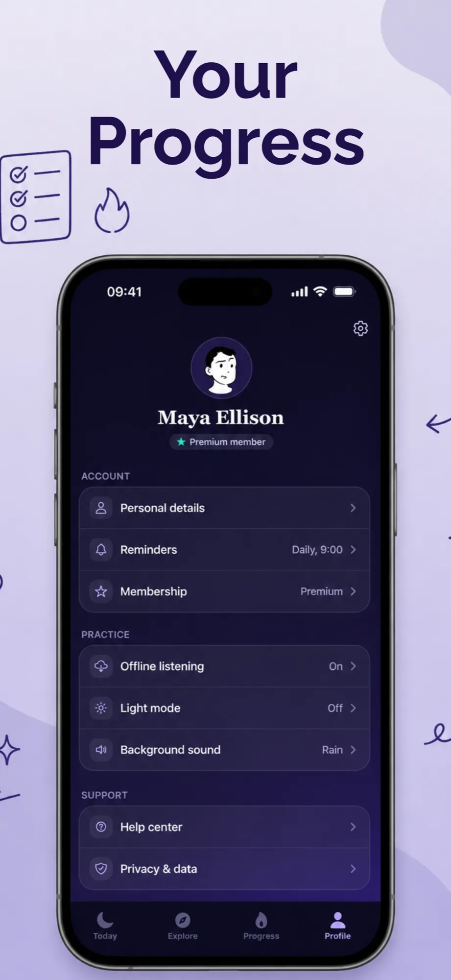 App store screenshot example with the headline Your Progress for a habit and mindfulness app