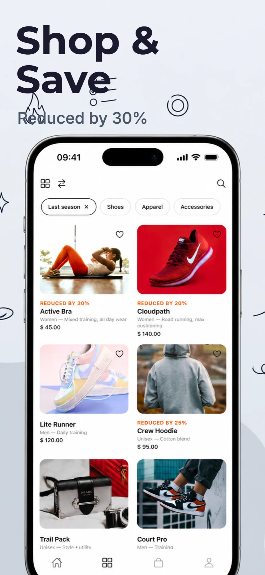 App store screenshot example with the headline Shop and Save for a sportswear shopping app