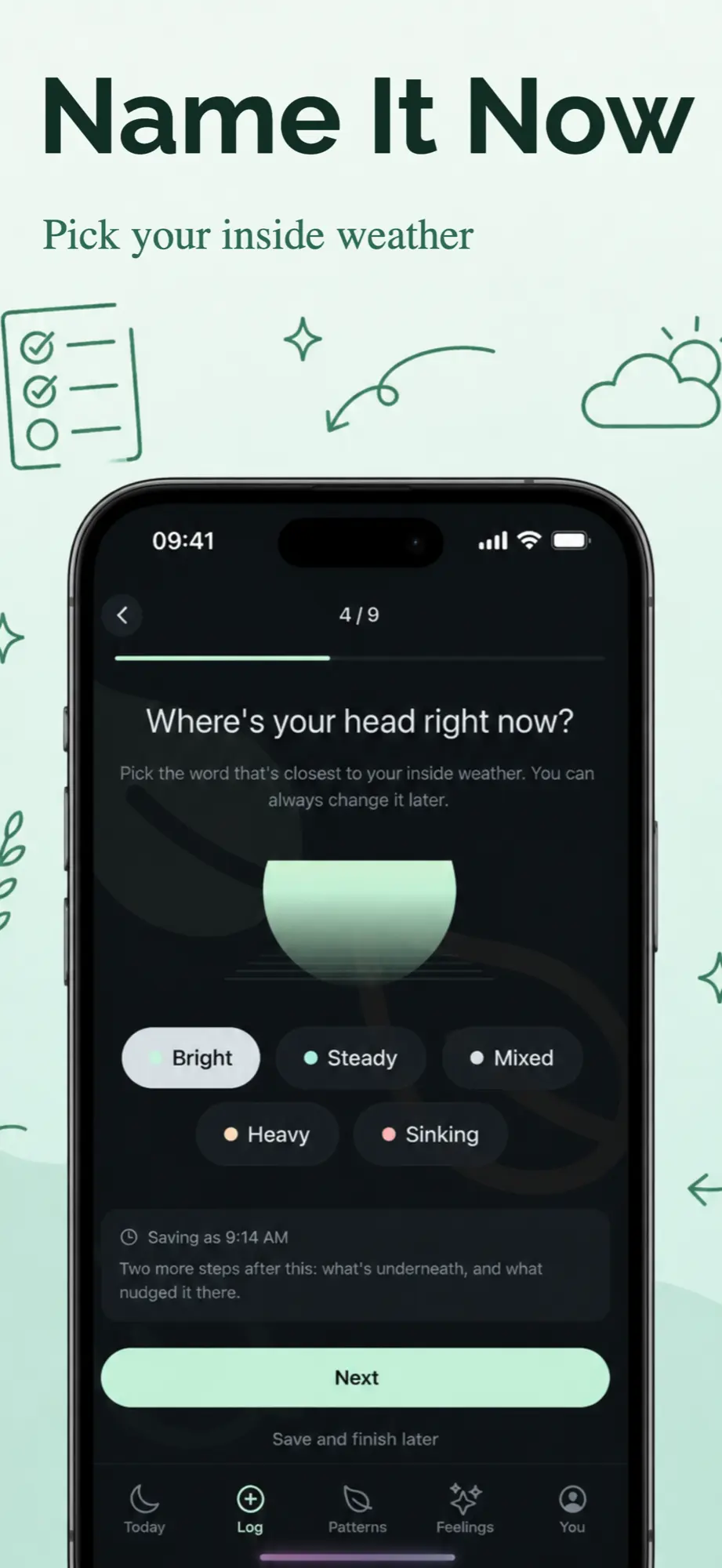 App store screenshot example with the headline Name It Now for a mood journaling app