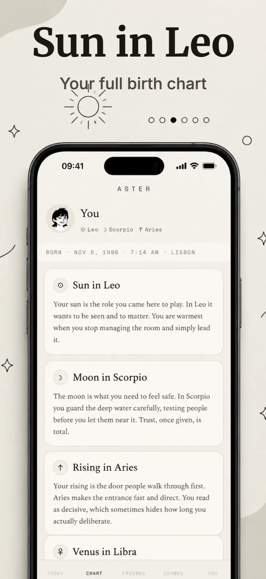 App store screenshot example with the headline Sun in Leo for an astrology app