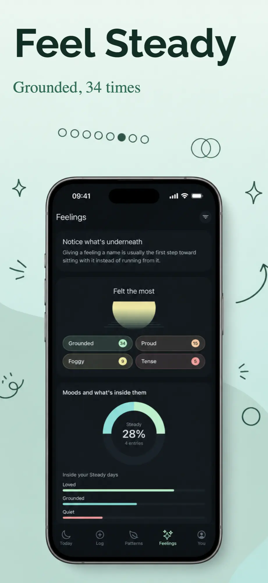 App store screenshot example with the headline Feel Steady for a mood journaling app