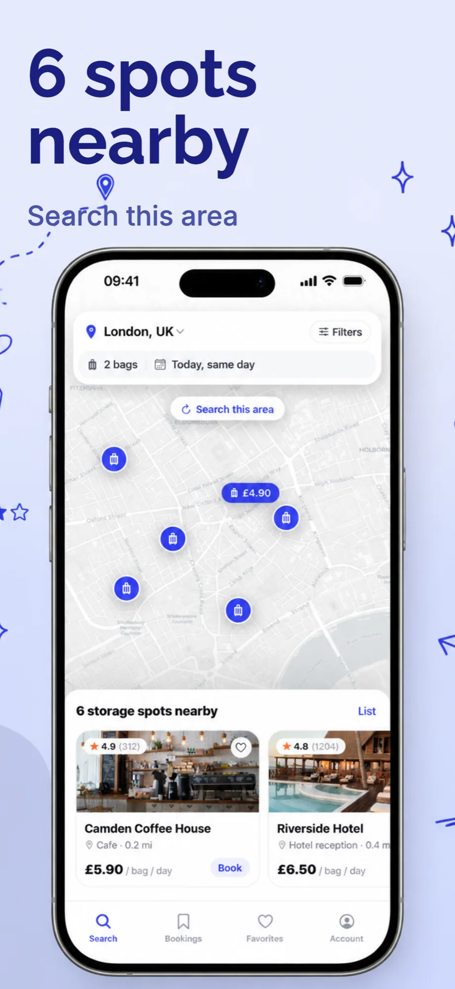 App store screenshot example with the headline 6 spots nearby for a luggage storage app
