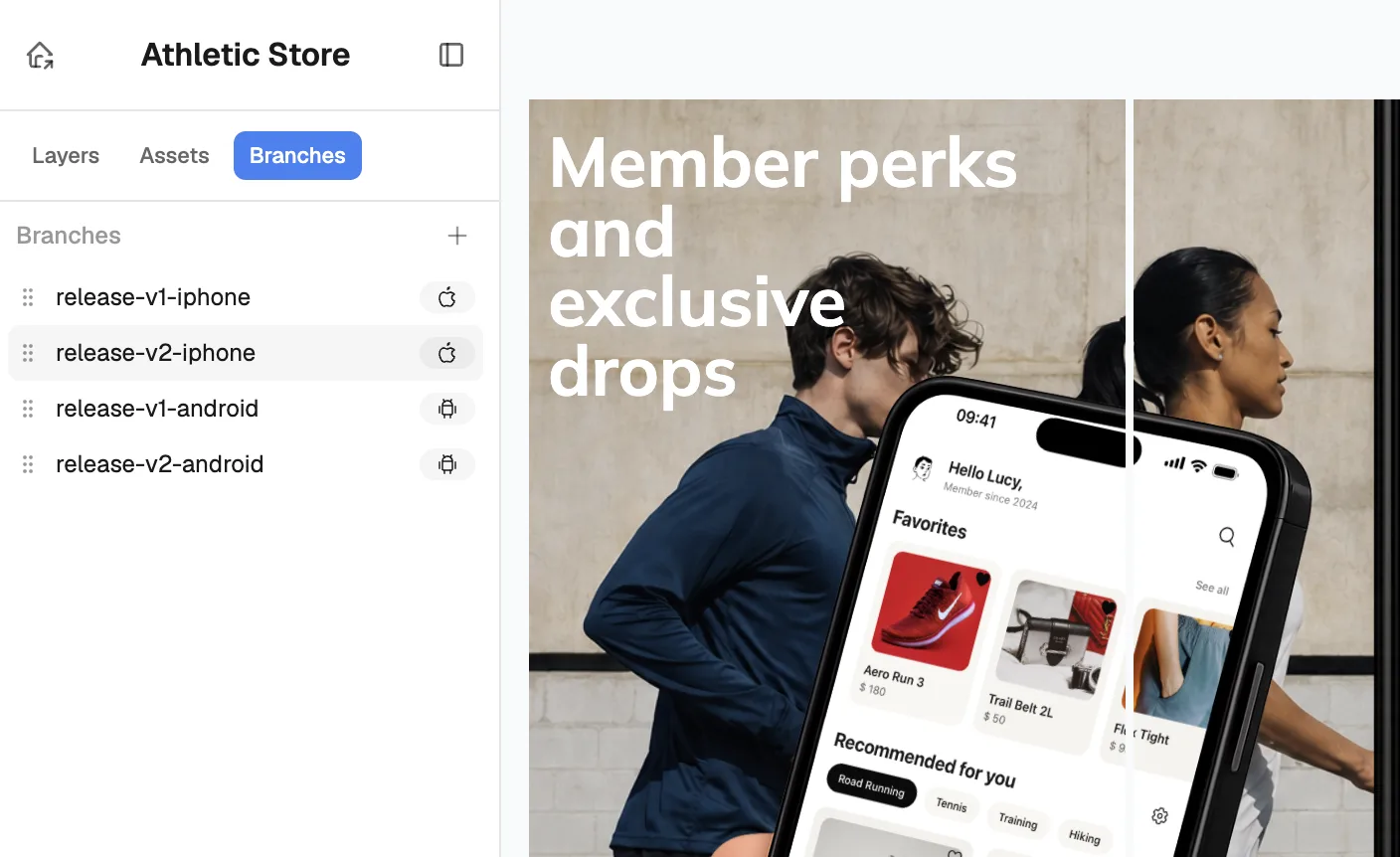 StoreScreenshot branches panel showing release branches for iPhone and Android