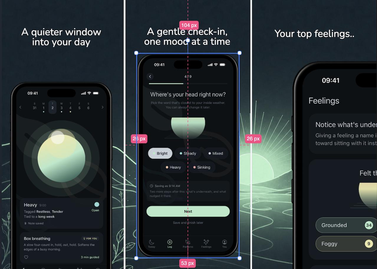 App Store screenshots being aligned with snapping smart guides and live pixel measurements inside the StoreScreenshot editor
